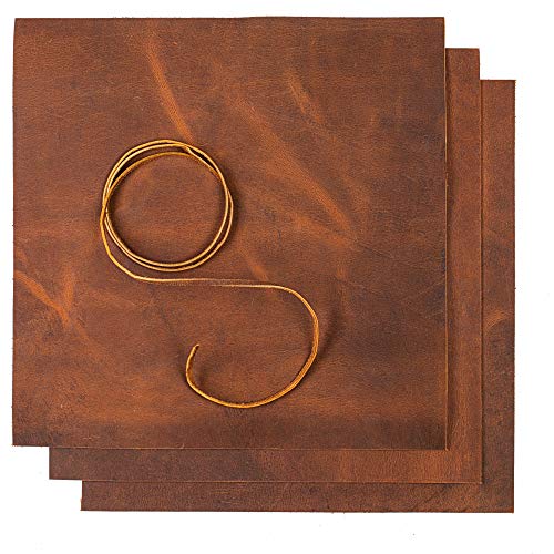 Leather Sheets for Crafts - Full Grain Buffalo Leather Squares - Great for Jewelry, Leather Wallets, Leatherworking, Arts and Crafts – Includes 3 Sheets (30.5x30.5 cm)+ Leather Cord (91cm)