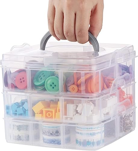ilauke 3 Tier Clear Transparent Plastic Stackable Storage Box with 18 Compartments Craft Storage Box with Carry Handle Container for Storing & Organising Toys, Jewellery, Beads, Arts & Crafts, Tools