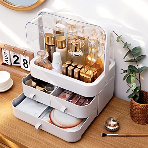 LZDMY Makeup Organiser Storage Drawers, Cosmetic Organisers Acrylic, Skincare Organiser Beauty Caddy Storage Box for Dresser & Bathroom, Dust-Proof Waterproof, White