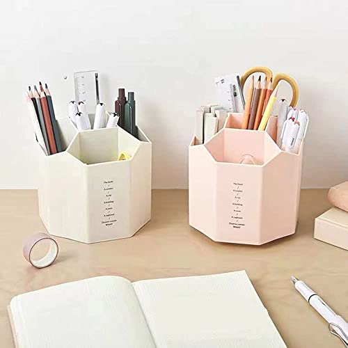 Dproptel Rotating Pen Holder, 360° Rotatable 5 Grids Pen Box Desktop Storage Organization Makeup Storage Box, Art Brush Storage Box Suitable for Office, Home, School (Creamy White)