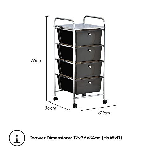 VonHaus Storage Trolley, 4 Drawer Black Wheeled Makeup Trolley, Durable Storage with Plastic Drawers, Chrome Frame, Storage Panel & 360° Wheels, Versatile Organiser for Bedroom, Bathroom, Home Office