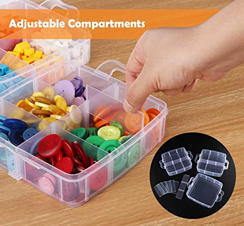 ilauke 3 Tier Clear Transparent Plastic Stackable Storage Box with 18 Compartments Craft Storage Box with Carry Handle Container for Storing & Organising Toys, Jewellery, Beads, Arts & Crafts, Tools