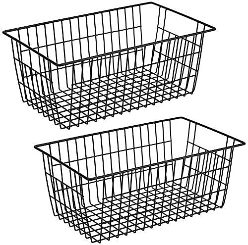 SANNO Wire Organizer Storage Bins Basket Black Farmhouse Large Organizer Bins for Fridge Storage Freezer, Office, Bathroom, Pantry Organization Storage Bins Rack with Handles-Set of 2