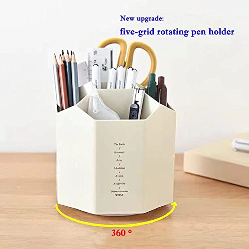 Dproptel Rotating Pen Holder, 360° Rotatable 5 Grids Pen Box Desktop Storage Organization Makeup Storage Box, Art Brush Storage Box Suitable for Office, Home, School (Creamy White)