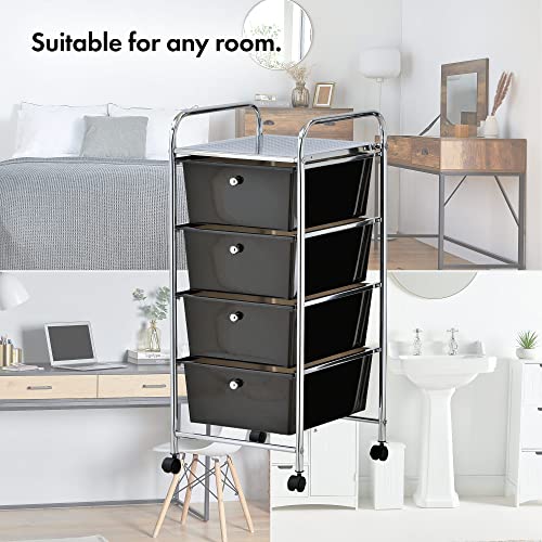 VonHaus Storage Trolley, 4 Drawer Black Wheeled Makeup Trolley, Durable Storage with Plastic Drawers, Chrome Frame, Storage Panel & 360° Wheels, Versatile Organiser for Bedroom, Bathroom, Home Office
