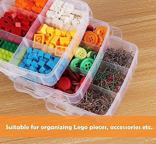 ilauke 3 Tier Clear Transparent Plastic Stackable Storage Box with 18 Compartments Craft Storage Box with Carry Handle Container for Storing & Organising Toys, Jewellery, Beads, Arts & Crafts, Tools