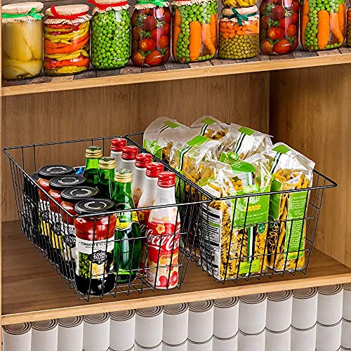SANNO Wire Organizer Storage Bins Basket Black Farmhouse Large Organizer Bins for Fridge Storage Freezer, Office, Bathroom, Pantry Organization Storage Bins Rack with Handles-Set of 2