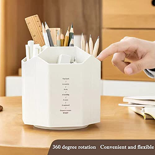 Dproptel Rotating Pen Holder, 360° Rotatable 5 Grids Pen Box Desktop Storage Organization Makeup Storage Box, Art Brush Storage Box Suitable for Office, Home, School (Creamy White)