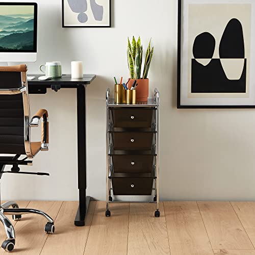 VonHaus Storage Trolley, 4 Drawer Black Wheeled Makeup Trolley, Durable Storage with Plastic Drawers, Chrome Frame, Storage Panel & 360° Wheels, Versatile Organiser for Bedroom, Bathroom, Home Office