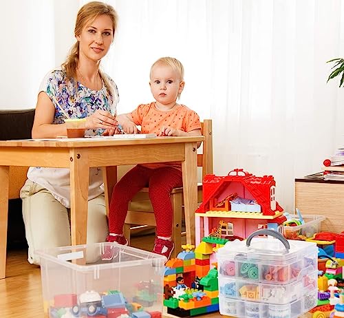 ilauke 3 Tier Clear Transparent Plastic Stackable Storage Box with 18 Compartments Craft Storage Box with Carry Handle Container for Storing & Organising Toys, Jewellery, Beads, Arts & Crafts, Tools