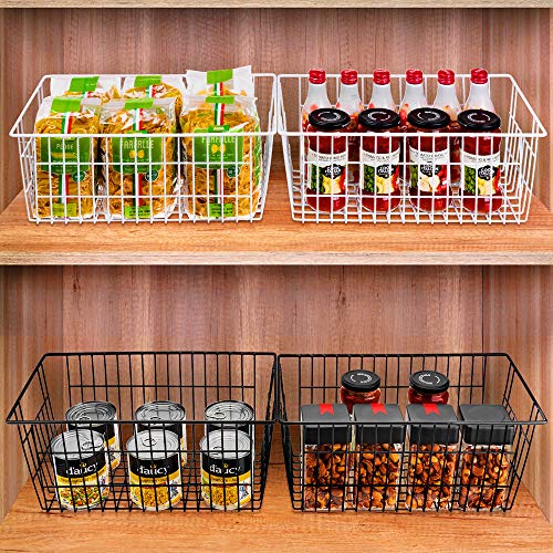 SANNO Wire Organizer Storage Bins Basket Black Farmhouse Large Organizer Bins for Fridge Storage Freezer, Office, Bathroom, Pantry Organization Storage Bins Rack with Handles-Set of 2