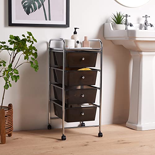 VonHaus Storage Trolley, 4 Drawer Black Wheeled Makeup Trolley, Durable Storage with Plastic Drawers, Chrome Frame, Storage Panel & 360° Wheels, Versatile Organiser for Bedroom, Bathroom, Home Office