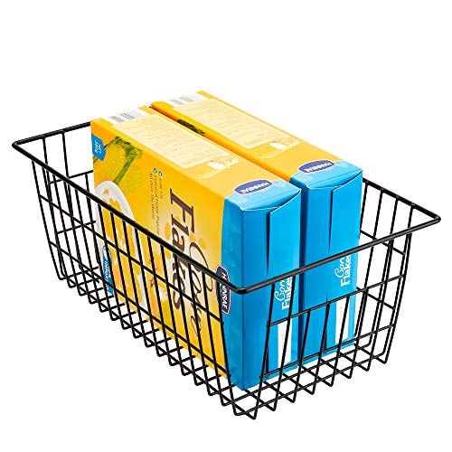 SANNO Wire Organizer Storage Bins Basket Black Farmhouse Large Organizer Bins for Fridge Storage Freezer, Office, Bathroom, Pantry Organization Storage Bins Rack with Handles-Set of 2