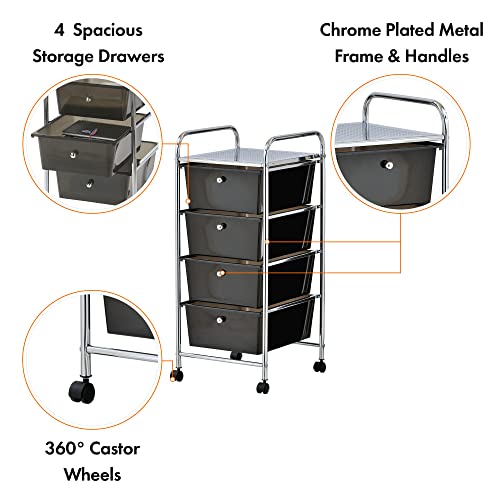 VonHaus Storage Trolley, 4 Drawer Black Wheeled Makeup Trolley, Durable Storage with Plastic Drawers, Chrome Frame, Storage Panel & 360° Wheels, Versatile Organiser for Bedroom, Bathroom, Home Office