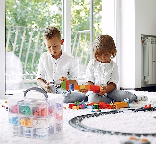 ilauke 3 Tier Clear Transparent Plastic Stackable Storage Box with 18 Compartments Craft Storage Box with Carry Handle Container for Storing & Organising Toys, Jewellery, Beads, Arts & Crafts, Tools