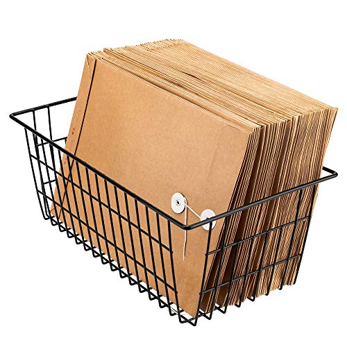 SANNO Wire Organizer Storage Bins Basket Black Farmhouse Large Organizer Bins for Fridge Storage Freezer, Office, Bathroom, Pantry Organization Storage Bins Rack with Handles-Set of 2