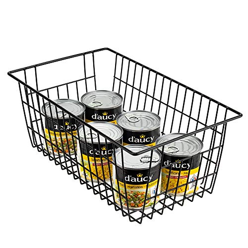SANNO Wire Organizer Storage Bins Basket Black Farmhouse Large Organizer Bins for Fridge Storage Freezer, Office, Bathroom, Pantry Organization Storage Bins Rack with Handles-Set of 2