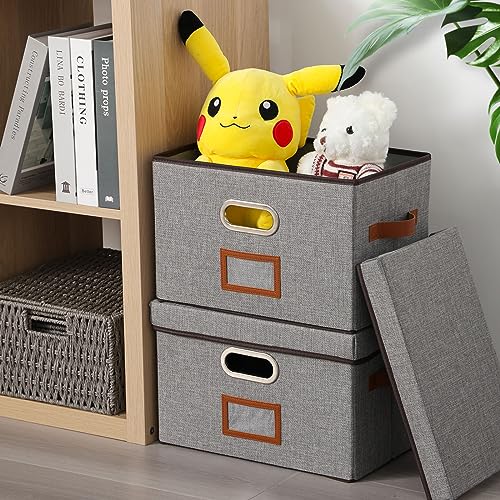 OUTBROS Storage Boxes with Lids, 38 x 25 x 25 cm Storage Baskets for Shelves, Foldable Cube Organiser Box Baskets, Collapsible Fabric Bins Home & Office Decorative Storage Box, Grey, 1-Pack