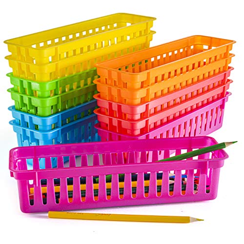 Prextex Classroom Storage Baskets Set - Colourful Pencil Trays, Table Organizers, and Pots for Classroom Organization - Durable Pencil and Supplies Basket for Teachers and Students - Pack of 12
