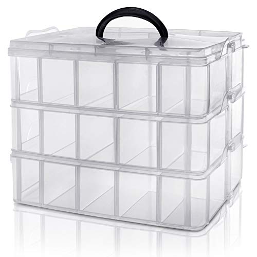 Kurtzy 3 Tier 30 Compartments Stackable Storage Box - Plastic Storage Box with Adjustable Compartments - Transparent Container for Storing & Organising Toys, Jewellery, Beads, Tools, Arts & Craft