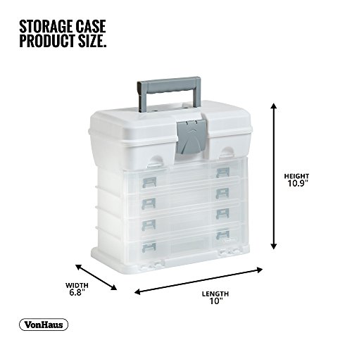 VonHaus Storage Organiser Carry Case with 4 Clear Drawers & Adjustable Dividers - White - Great for Art/Craft/Hobby/Sewing Storage