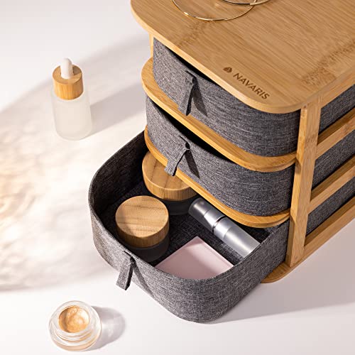 Navaris Makeup Storage Drawers - Bamboo Organiser and Grey Fabric Trays - 3-Tier Unit for Bathroom, Dressing Table - L 23cm x W 17.5cm x H 22cm