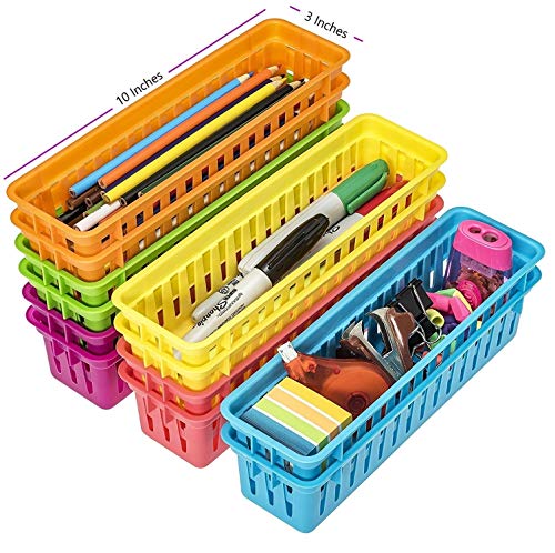 Prextex Classroom Storage Baskets Set - Colourful Pencil Trays, Table Organizers, and Pots for Classroom Organization - Durable Pencil and Supplies Basket for Teachers and Students - Pack of 12