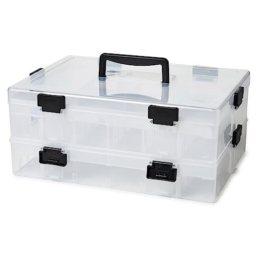 EZOWare 2-Tier Art Craft Storage Organiser Box with Grid Compartment & Handle, Stackable Clear Plastic Adjustable Divider Container Bin for Jewelry, Hobby, Building Block, Sewing Supplies