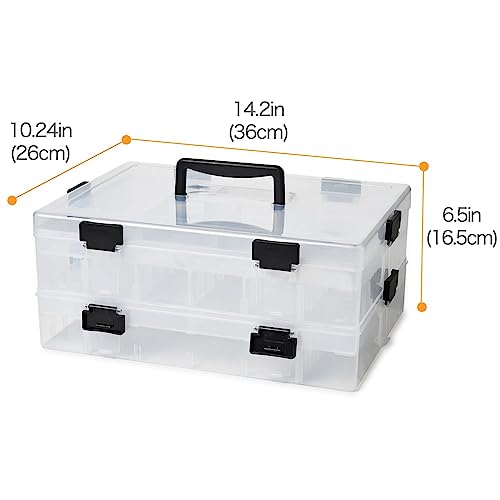 EZOWare 2-Tier Art Craft Storage Organiser Box with Grid Compartment & Handle, Stackable Clear Plastic Adjustable Divider Container Bin for Jewelry, Hobby, Building Block, Sewing Supplies