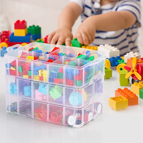 Kurtzy 3 Tier 30 Compartments Stackable Storage Box - Plastic Storage Box with Adjustable Compartments - Transparent Container for Storing & Organising Toys, Jewellery, Beads, Tools, Arts & Craft