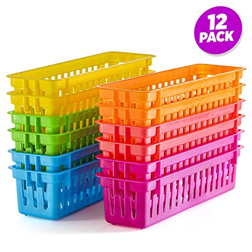 Prextex Classroom Storage Baskets Set - Colourful Pencil Trays, Table Organizers, and Pots for Classroom Organization - Durable Pencil and Supplies Basket for Teachers and Students - Pack of 12