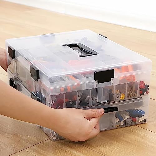 EZOWare 2-Tier Art Craft Storage Organiser Box with Grid Compartment & Handle, Stackable Clear Plastic Adjustable Divider Container Bin for Jewelry, Hobby, Building Block, Sewing Supplies