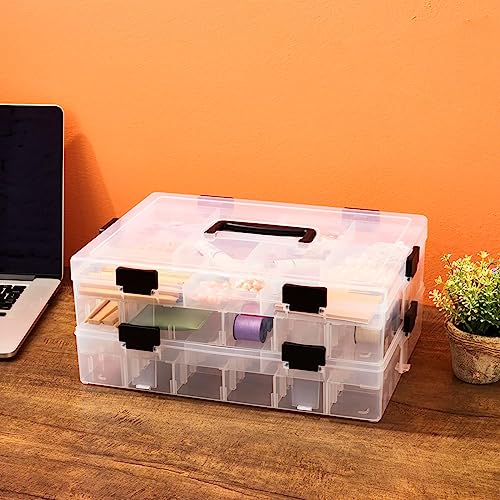 EZOWare 2-Tier Art Craft Storage Organiser Box with Grid Compartment & Handle, Stackable Clear Plastic Adjustable Divider Container Bin for Jewelry, Hobby, Building Block, Sewing Supplies