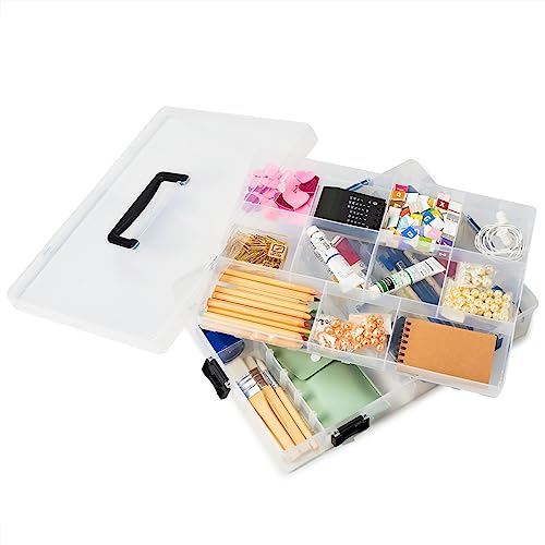 EZOWare 2-Tier Art Craft Storage Organiser Box with Grid Compartment & Handle, Stackable Clear Plastic Adjustable Divider Container Bin for Jewelry, Hobby, Building Block, Sewing Supplies