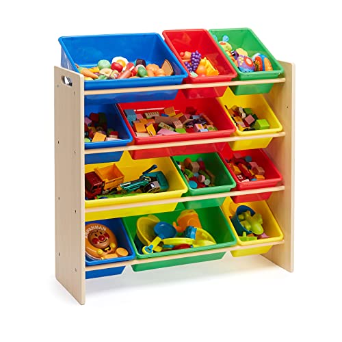 Amazon Basics Kids’ Toy Storage Organiser with 12 Plastic Bins, Natural Wood with Bright Bins, 27.7 D x 85.3 W x 79 H cm