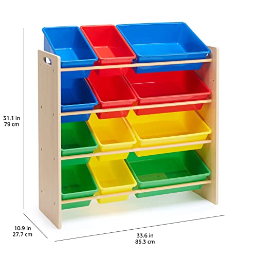 Amazon Basics Kids’ Toy Storage Organiser with 12 Plastic Bins, Natural Wood with Bright Bins, 27.7 D x 85.3 W x 79 H cm