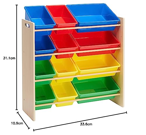 Amazon Basics Kids’ Toy Storage Organiser with 12 Plastic Bins, Natural Wood with Bright Bins, 27.7 D x 85.3 W x 79 H cm