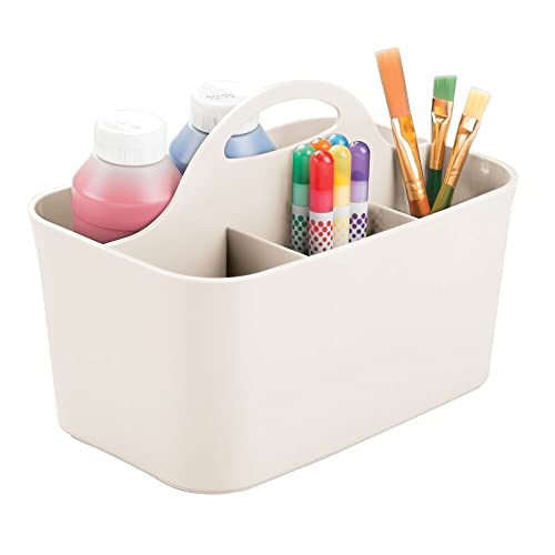 mDesign Art Supplies Organiser – Practical Plastic Arts and Crafts Storage Box with Carrying Handle – Desk Organiser with Compartments for Storing Many Items – Light Grey