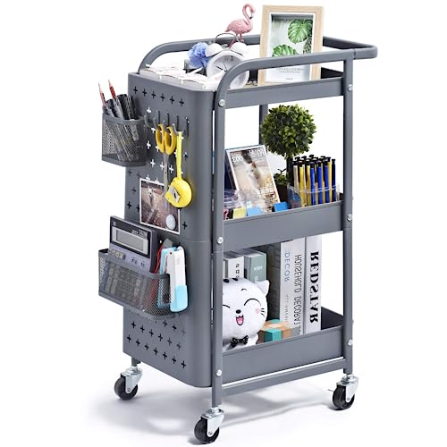KINGRACK Storage Trolley, 3-Tier Rolling Cart, Utility Cart Metal Shelving with Peg board Hooks Baskets Handles Locking Wheels, Mobile Storage Rack for Kitchen Office Garage Home (Grey)