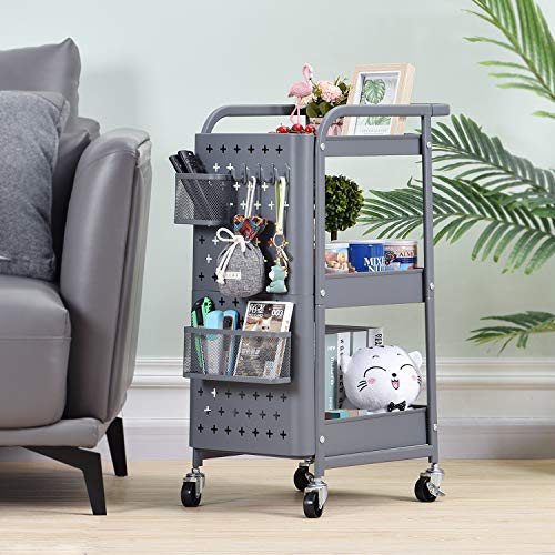 KINGRACK Storage Trolley, 3-Tier Rolling Cart, Utility Cart Metal Shelving with Peg board Hooks Baskets Handles Locking Wheels, Mobile Storage Rack for Kitchen Office Garage Home (Grey)