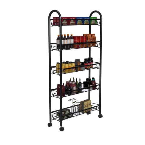 5-Tier Storage Rack, WASJOYE Utility Cart Gap Mesh Wire Kitchen Sauce Organization Trolley Rolling Cart with Lockable Wheels for Office, Bathroom, Nursery, School Supplies, Narrow Place (Black)