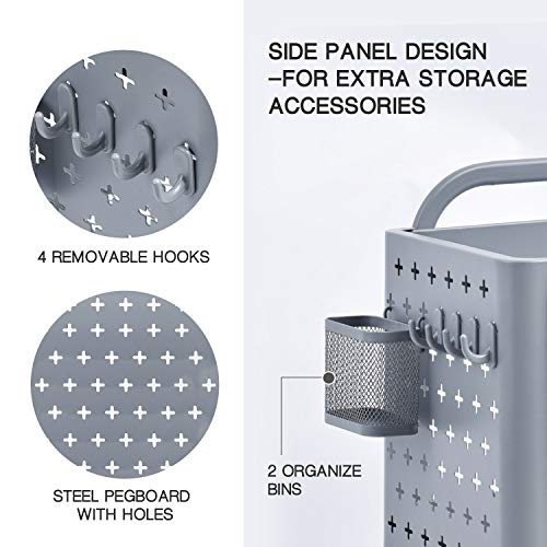 KINGRACK Storage Trolley, 3-Tier Rolling Cart, Utility Cart Metal Shelving with Peg board Hooks Baskets Handles Locking Wheels, Mobile Storage Rack for Kitchen Office Garage Home (Grey)