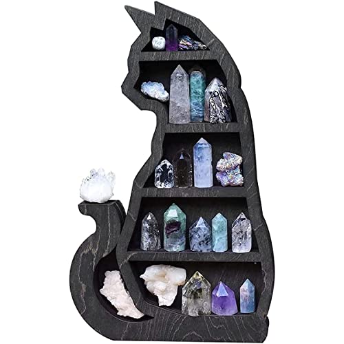 SDYGDB Wooden Crystal Display Shelf Black Cat Design Decorative Crystal Holder for Crystals Stones Essential Oil Multipurpose Crystal Storage Rack Gothic Art Decoration for Living Room Dining Room Bed