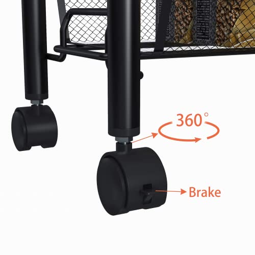 5-Tier Storage Rack, WASJOYE Utility Cart Gap Mesh Wire Kitchen Sauce Organization Trolley Rolling Cart with Lockable Wheels for Office, Bathroom, Nursery, School Supplies, Narrow Place (Black)