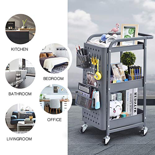 KINGRACK Storage Trolley, 3-Tier Rolling Cart, Utility Cart Metal Shelving with Peg board Hooks Baskets Handles Locking Wheels, Mobile Storage Rack for Kitchen Office Garage Home (Grey)