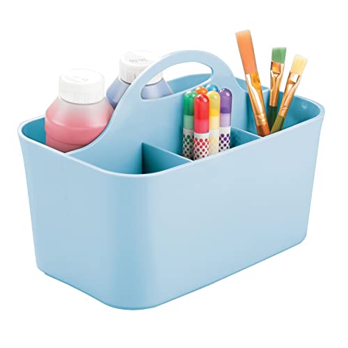 mDesign Art Supplies Organiser – Practical Plastic Arts and Crafts Storage Box with Carrying Handle – Desk Organiser with Compartments for Storing Many Items – Light Blue