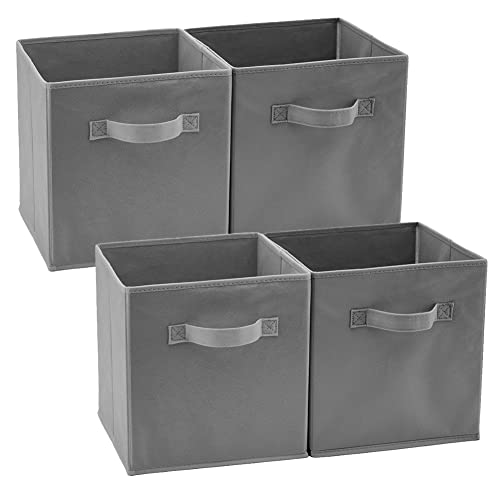 EZOWARE Set of 4 Foldable Fabric Basket Bins with Handle 26.7 x 26.7 x 28 cm, Collapsible Organiser Storage Cube for Nursery Home and Kids Playroom Toy Organizing - Gray