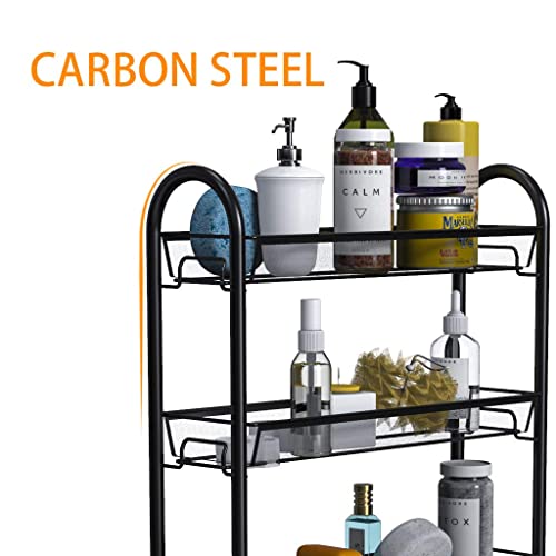 5-Tier Storage Rack, WASJOYE Utility Cart Gap Mesh Wire Kitchen Sauce Organization Trolley Rolling Cart with Lockable Wheels for Office, Bathroom, Nursery, School Supplies, Narrow Place (Black)