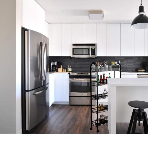 5-Tier Storage Rack, WASJOYE Utility Cart Gap Mesh Wire Kitchen Sauce Organization Trolley Rolling Cart with Lockable Wheels for Office, Bathroom, Nursery, School Supplies, Narrow Place (Black)