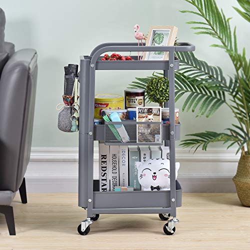 KINGRACK Storage Trolley, 3-Tier Rolling Cart, Utility Cart Metal Shelving with Peg board Hooks Baskets Handles Locking Wheels, Mobile Storage Rack for Kitchen Office Garage Home (Grey)